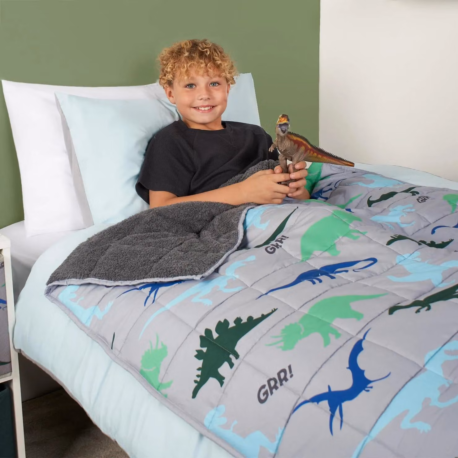 OHS Kids Dino Weighted Blanket in Grey, Soft Teddy Fleece Sensory Sleep Therapy Throw – 3