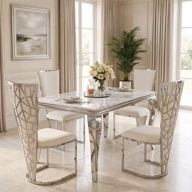 Home Luxe Interior Grey Marble Dining Table and 4 Vienna Cream Silver Chairs Set – 1