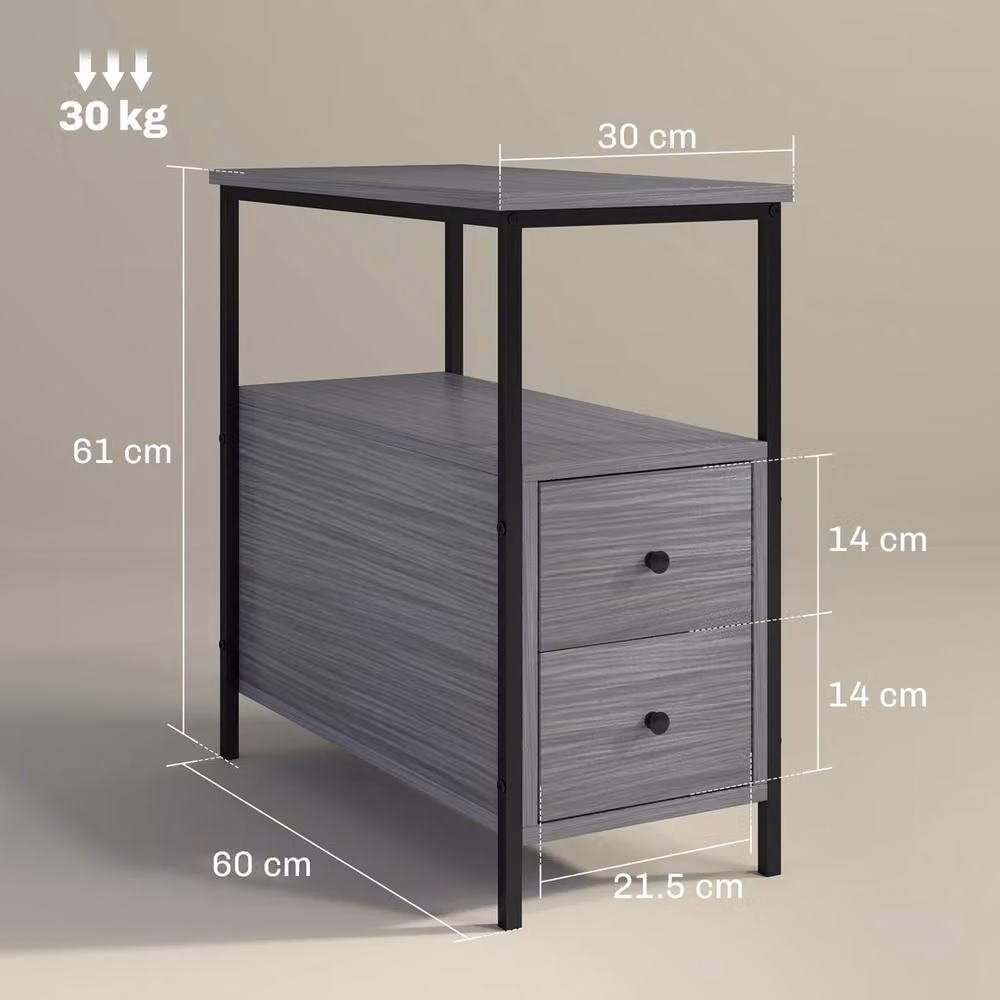 FORGEVIO Slim Side Table with 2 Drawers and Storage Shelf in Grey – 2
