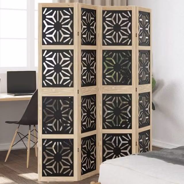 Berkfield Home 4-Panel Geometric Room Divider in Brown and Black Solid Paulownia Wood