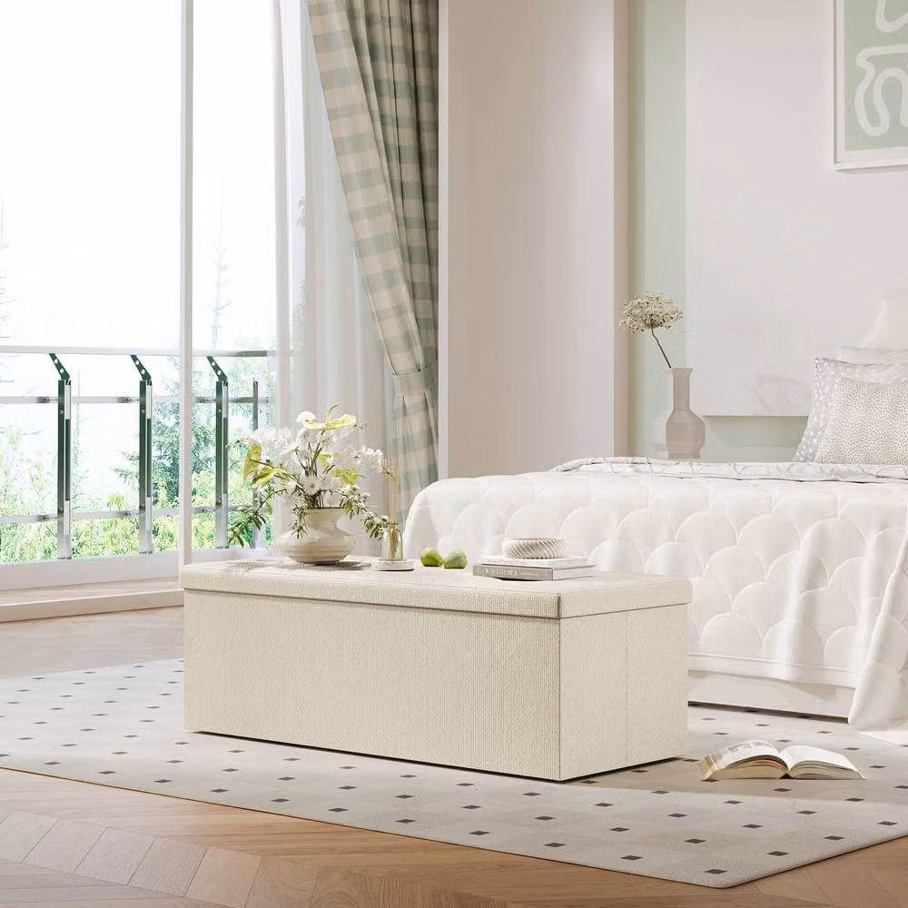 Dprodo Linen Storage Ottoman and Folding Foot Rest Stool in Beige, W/D/H: 76 x 38 x 38 cm – 4
