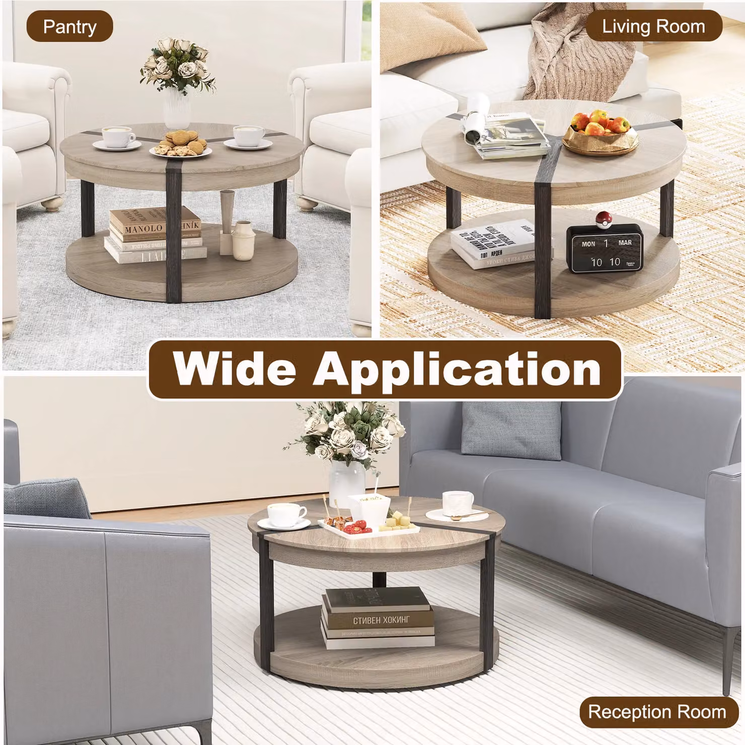 Gymax 2-Tier Round Rubber Wood Coffee Table with Shelf in Light Oak – 3