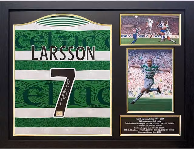 Allstarsignings Henrik Larsson Signed and Framed Retro Celtic Striped Shirt in Green