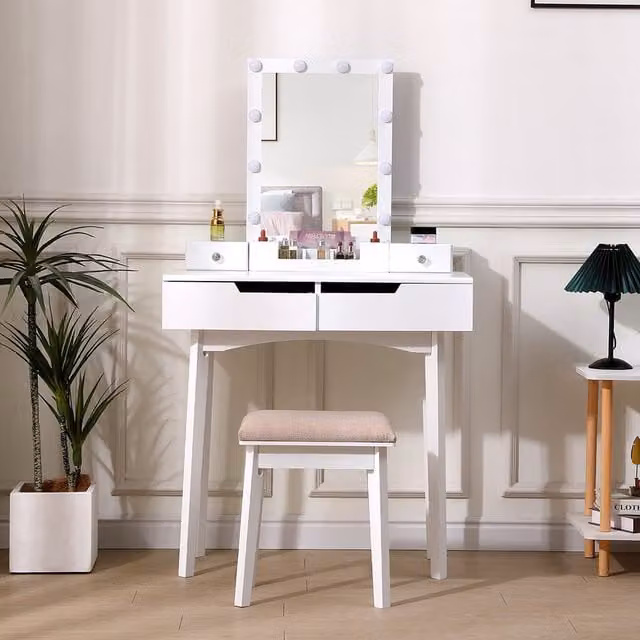 Komore White Modern Dressing Table Set with Hollywood LED Rectangular Mirror