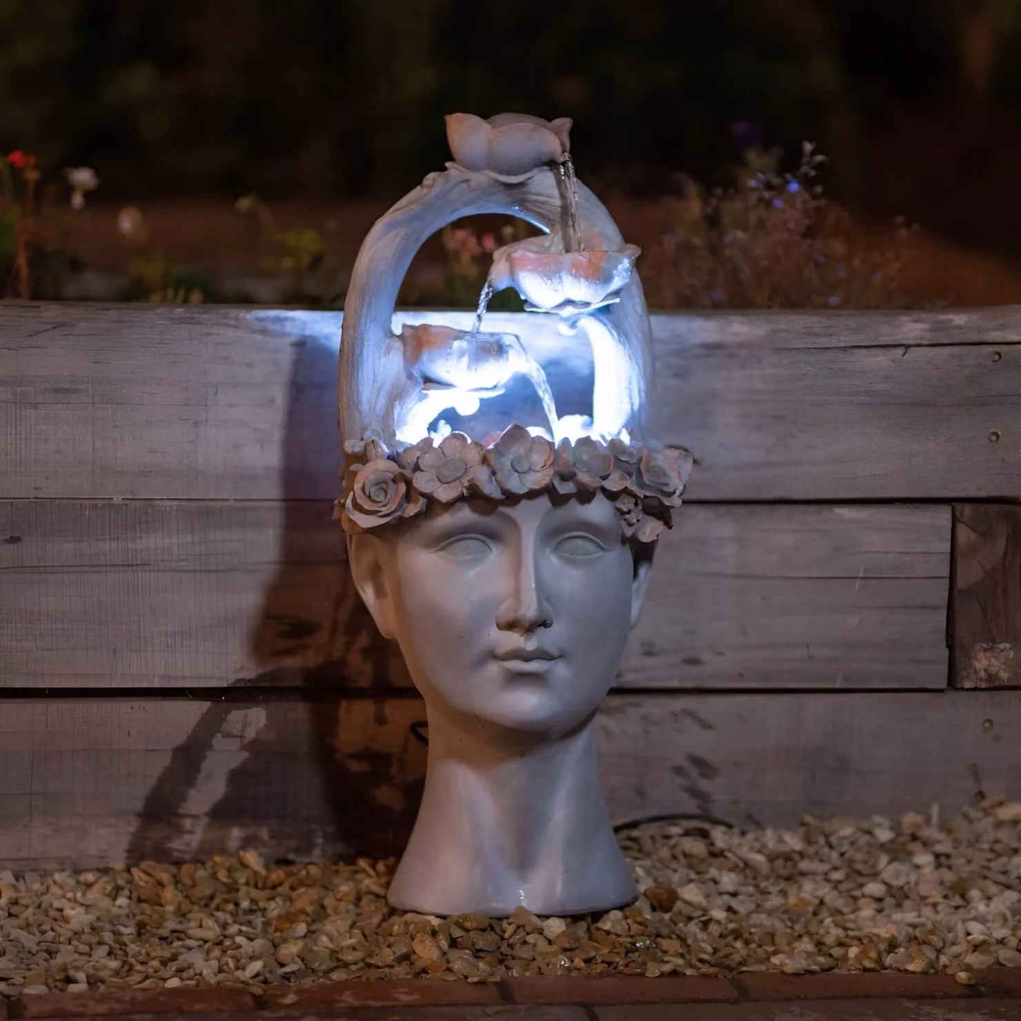 Primrose Goddess Freyja Cascade Water Feature with Tiered Waterfall and LED, Light Grey, Height: 80 cm – 2