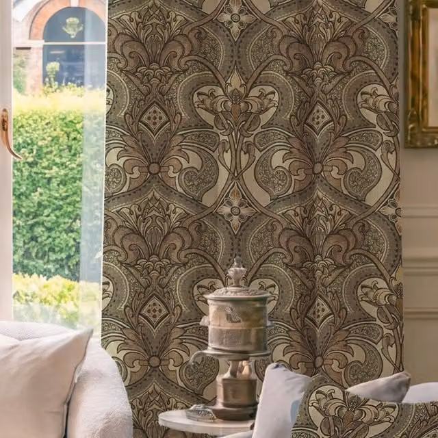 HOUSE Llewelyn-Bowen Gwendoline Aurelia Made To Measure Blackout Damask Curtains in Beige and Brown