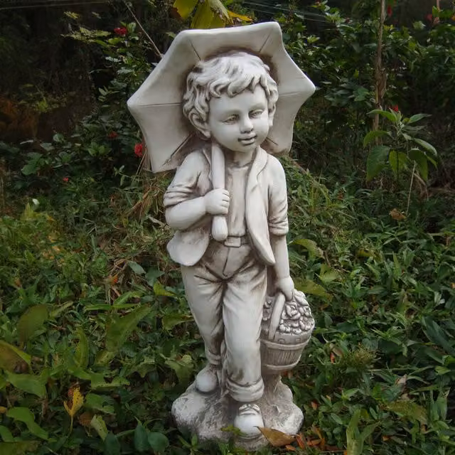 Ornate Collection Umbrella Figurine Statue in Light Grey Boy Design