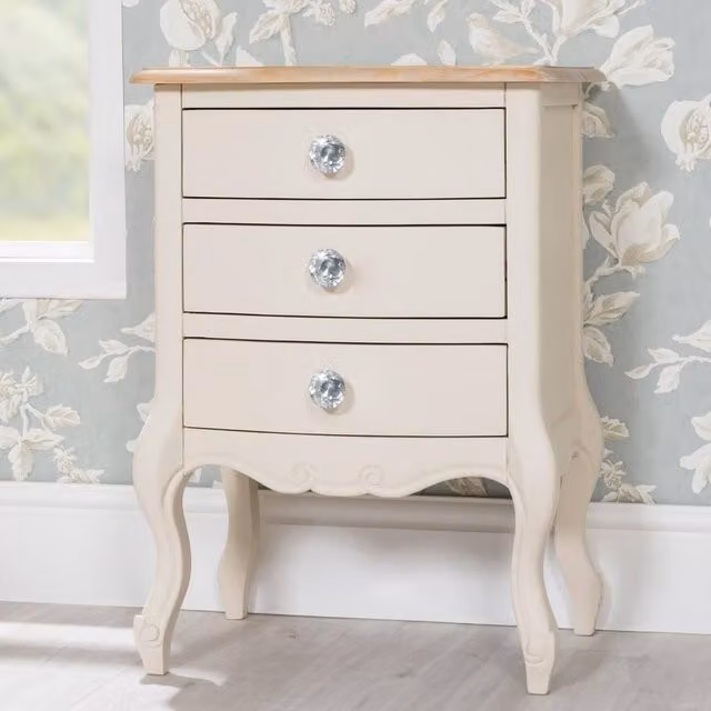 Statement Furniture Juliette Vintage Chic 3 Drawer Bedside Table with Crystal Handles in Ivory