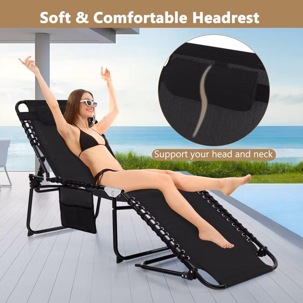 Costway Black Folding Patio Chaise Lounge Chair with Adjustable Headrest and Textilene Fabric – 7