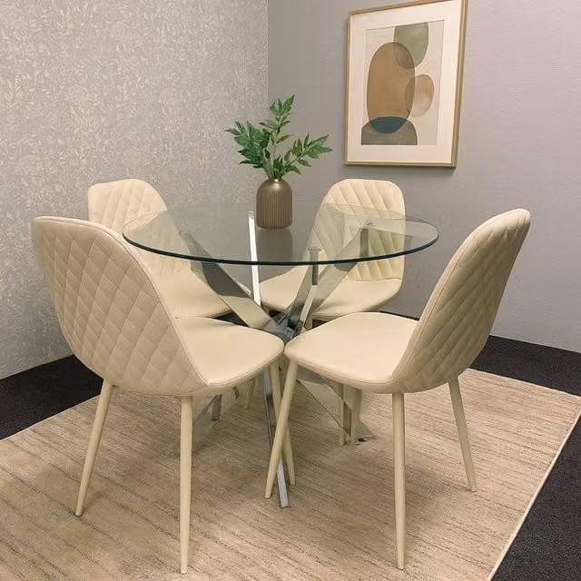 KOSY KOALA Modern Round Glass Dining Table Set with 4 Beige Geometric Pattern Chairs, Diameter: 90 cm, Height: 75 cm
