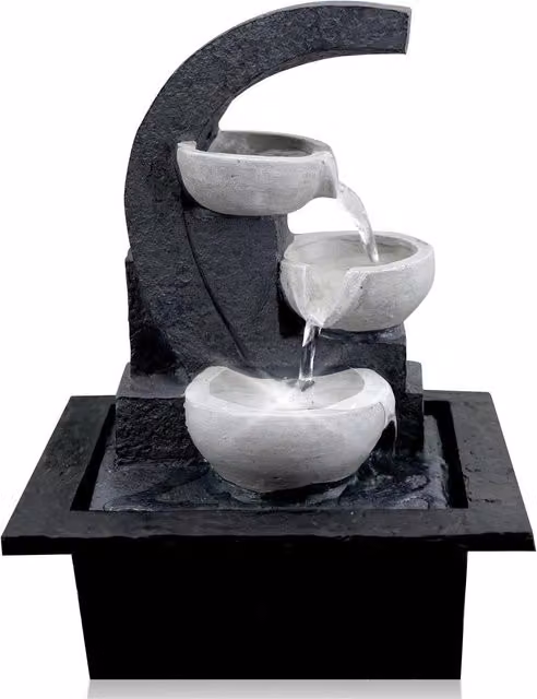 GEEZY Minimalist Indoor Tabletop Water Fountain with LED Lights, Black and White Bowls Design