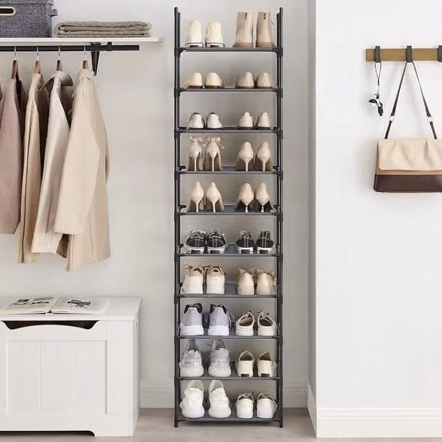 SONGMICS 10-Tier Shoe Storage Rack with Adjustable Shelves and Metal Frame in Grey