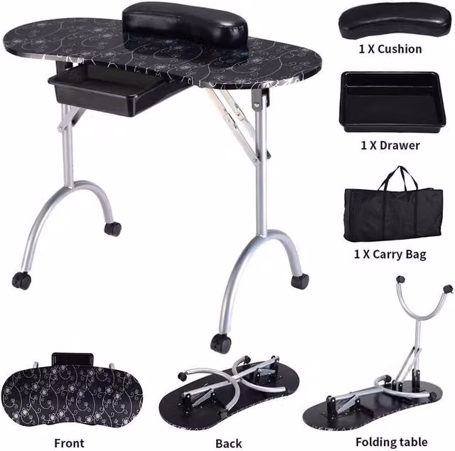 Havendro Portable Black Metal Manicure Table for Professionals with Castors – 1