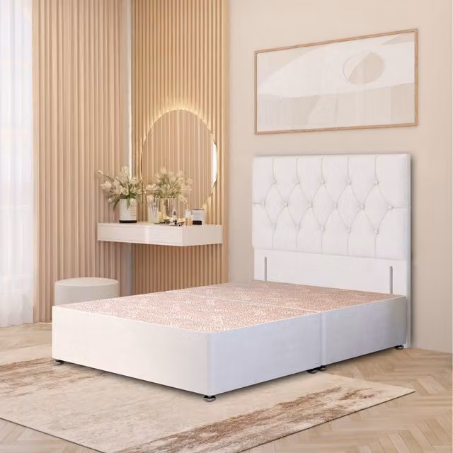 Somnior Beds Ltd Chesterfield Velvet Divan Bed Base with 54 inch Floor Standing Headboard and Drawers, White, W/D/H: 200 x 200 cm
