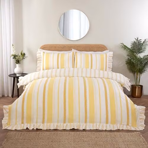 Rapport Home Maya Striped Reversible Polycotton Duvet Cover and Pillowcase Set in Yellow, W/D/H: 180 x 200 cm and 50 x 75 cm – 1