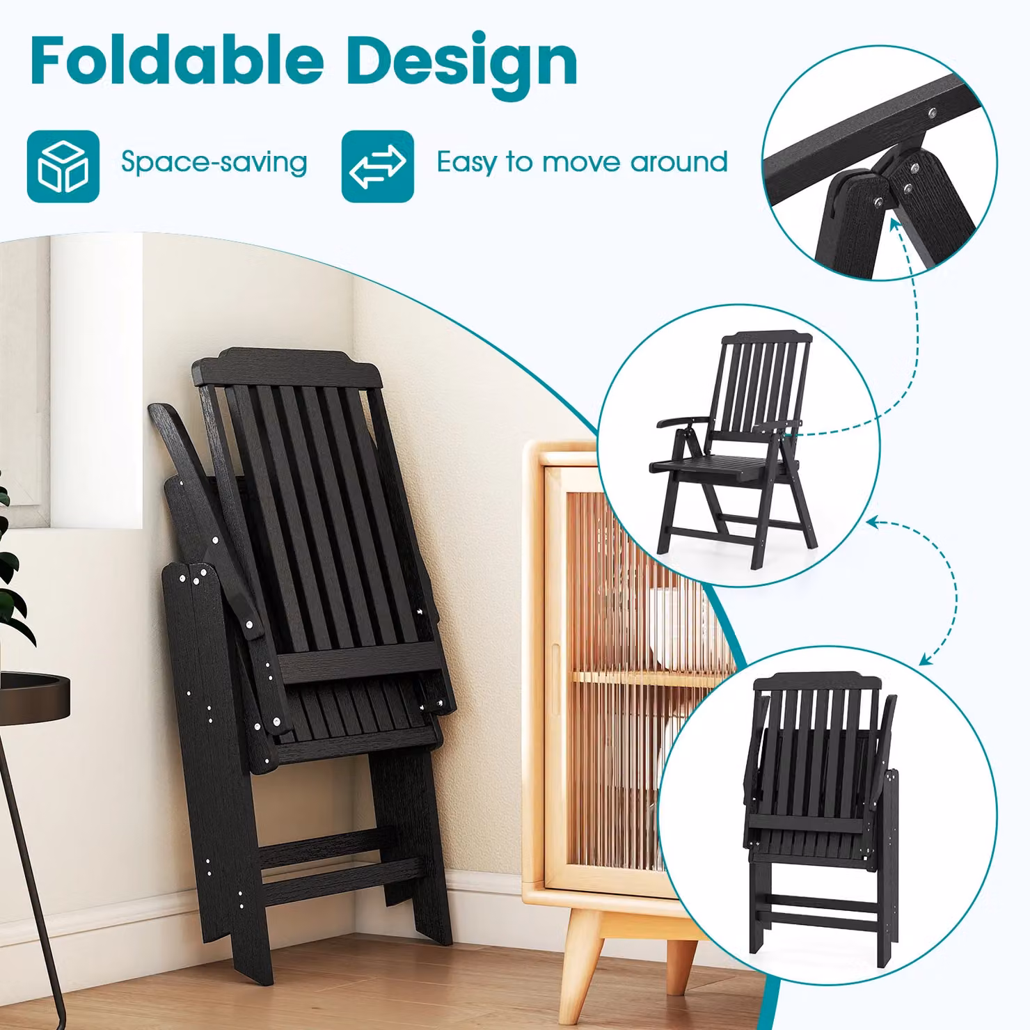 Gymax Folding All-Weather HDPE Outdoor Dining Chair with Armrests in Black – 5