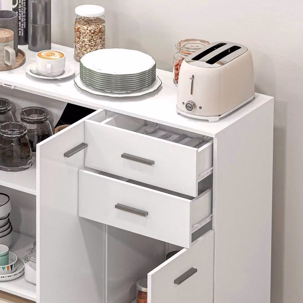 FORGEVIO Modern High Gloss White Kitchen Sideboard Storage Cabinet with 2 Drawers – 2