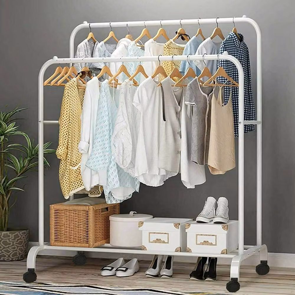 Havendro Heavy Duty Rolling Clothes Rack with 2 Top Rods and Lower Storage, White, W: 155 cm, D: 51 cm, H: 80.5 cm – 4