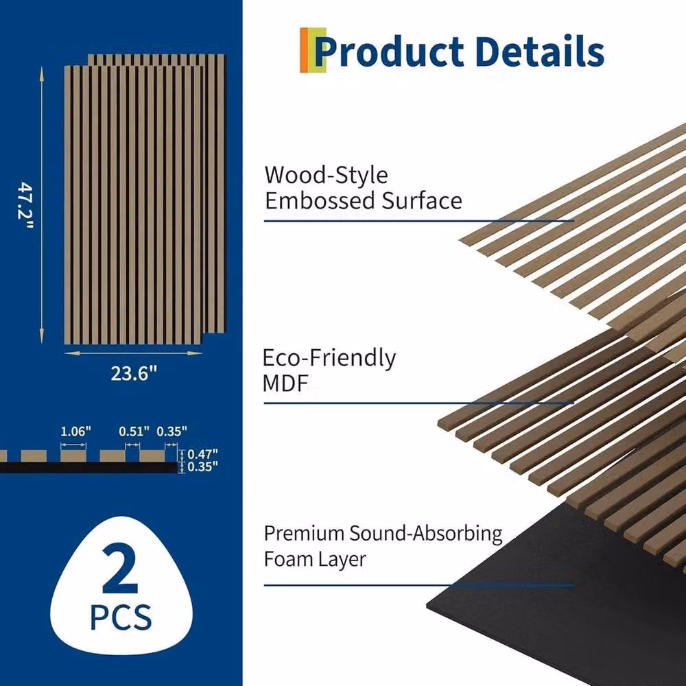 VOGREX 2-Pack 3D Fluted Wood Slat Acoustic Panels in Brown, W/H: 120 x 60 cm – 3