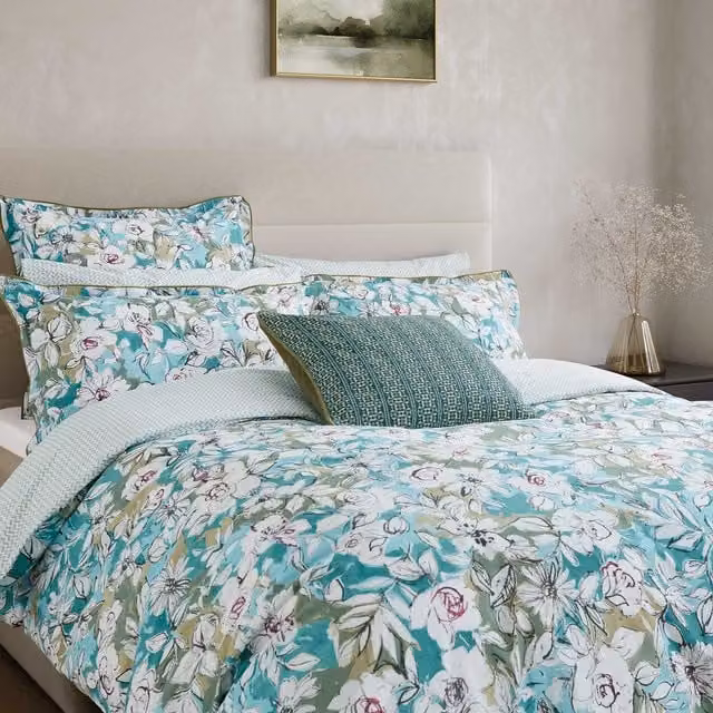 Bedeck of Belfast Azmi Single Duvet Cover and Pillowcase Set, Blue Floral Cotton Percale, W: 90 cm, L: 200 cm