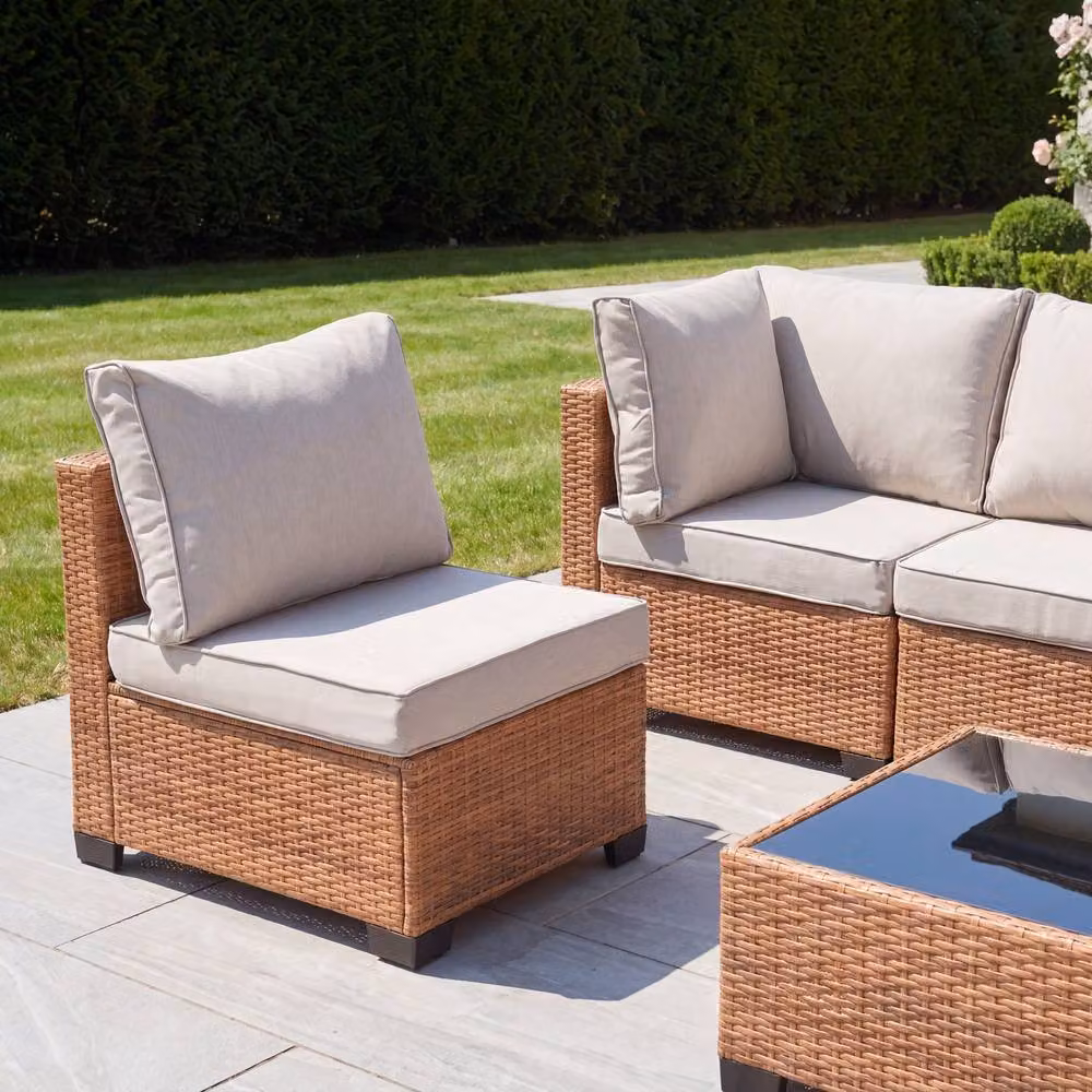 Artemis Home Saviano 6 Seat Modular Rattan Conversation Set in Tan and Beige with Upholstered Cushions and Coffee Table – 2