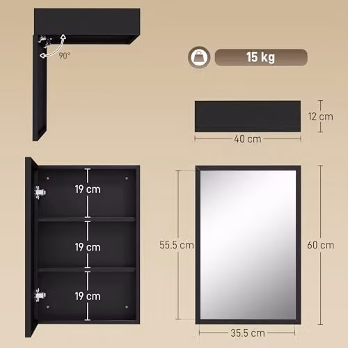 Kleankin Wall Mounted Black Bathroom Cabinet with Mirror and Internal Shelves, W/D/H: 40 x 12 x 60 cm – 3