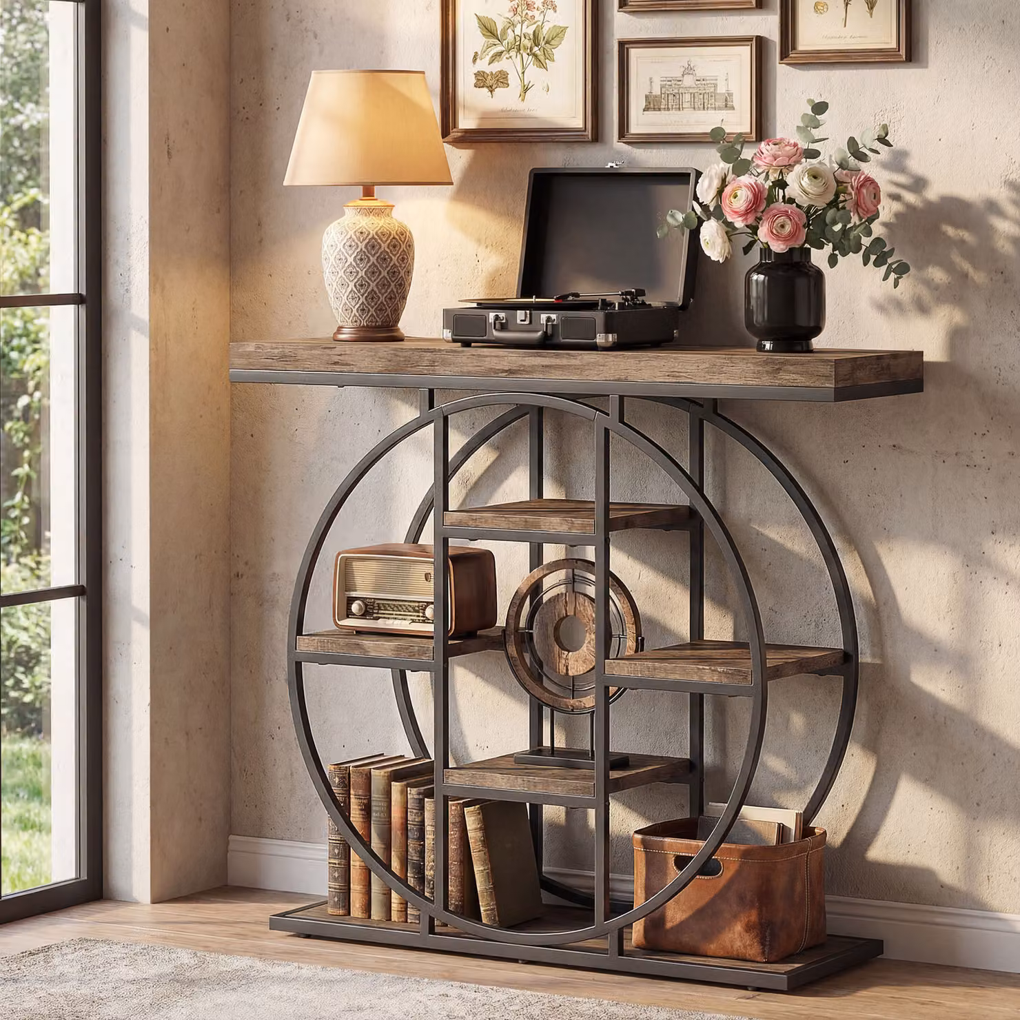 HOMCOM Industrial Console Table with Storage Shelves in Brown – 6
