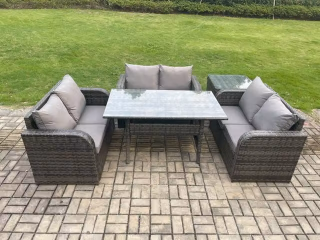 Fimous Dark Grey Mixed Wicker PE Rattan Outdoor Garden Furniture Set with Rectangular Dining Table and Side Table