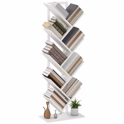HOMCOM 9-Tier Industrial Tree Bookshelf with Steel Frame, White