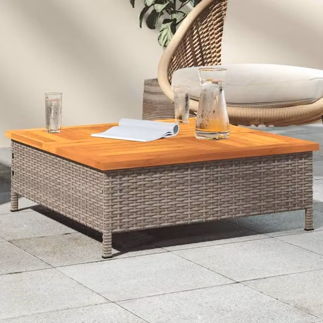 Berkfield Home Grey Rattan and Acacia Wood Garden Table, W/D/H: 70 x 70 x 25 cm