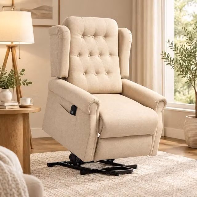 STILVORA Beige Fabric Lift and Recline Armchair with USB Charging and Powered Lift Assist