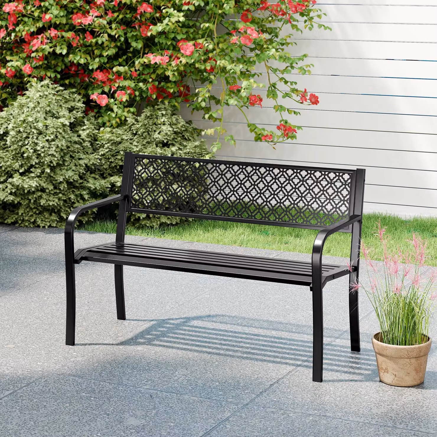 Costway 50 Inch Modern Geometric Metal Outdoor Garden Bench in Matt Black – 2