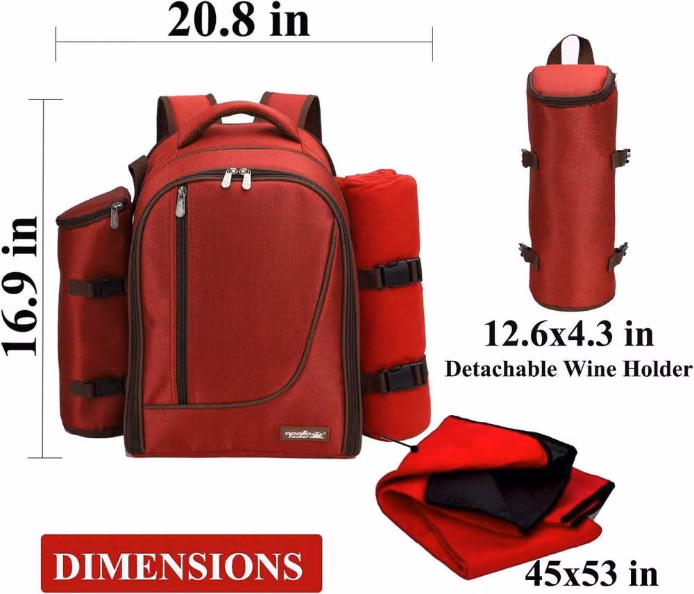 Dyzi Picnic Backpack Cooler with Compartment Tableware Set and Blanket in Red – 6