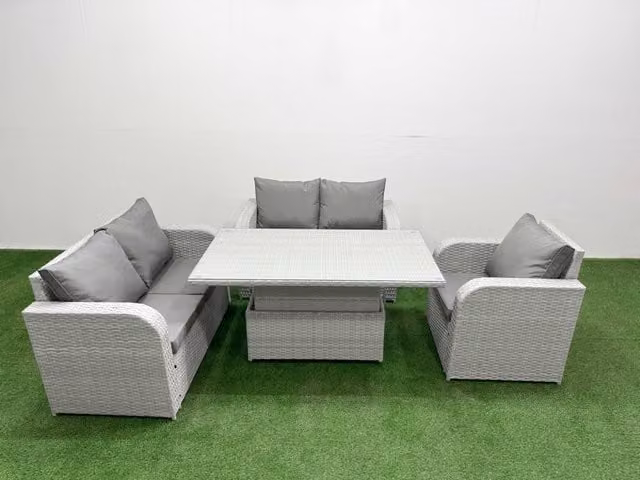 Fimous Grey Poly Rattan Garden Furniture Set with High Back Reclining Chair, Loveseat Sofa and Adjustable Lifting Table