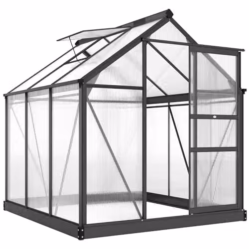 Outsunny Polycarbonate and Aluminium Walk-In Garden Greenhouse with Sliding Door and Window, Grey and Transparent, H: 190 cm – 1
