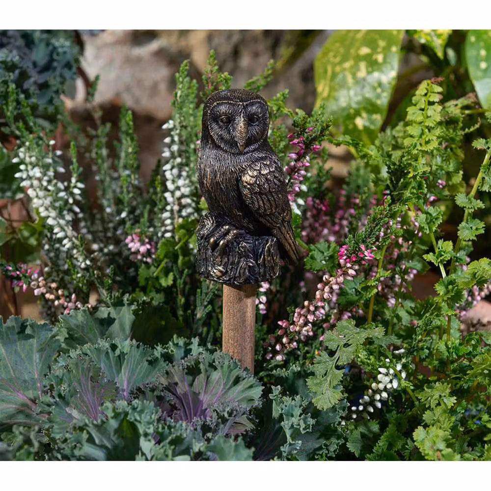 Jardinopia Barn Owl Cane or Stake Topper Pot Buddy in Bronze, W: 4 cm, H: 7.5 cm, L: 4.3 cm – 4