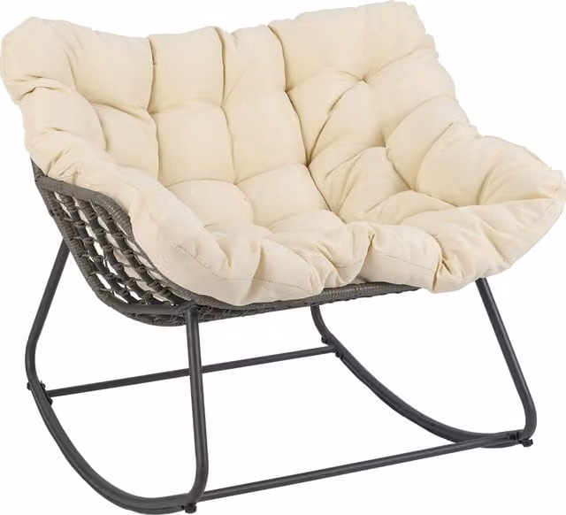 Costway Modern Oversized Outdoor Patio Rocking Chair in Beige and White Rattan with Metal Frame
