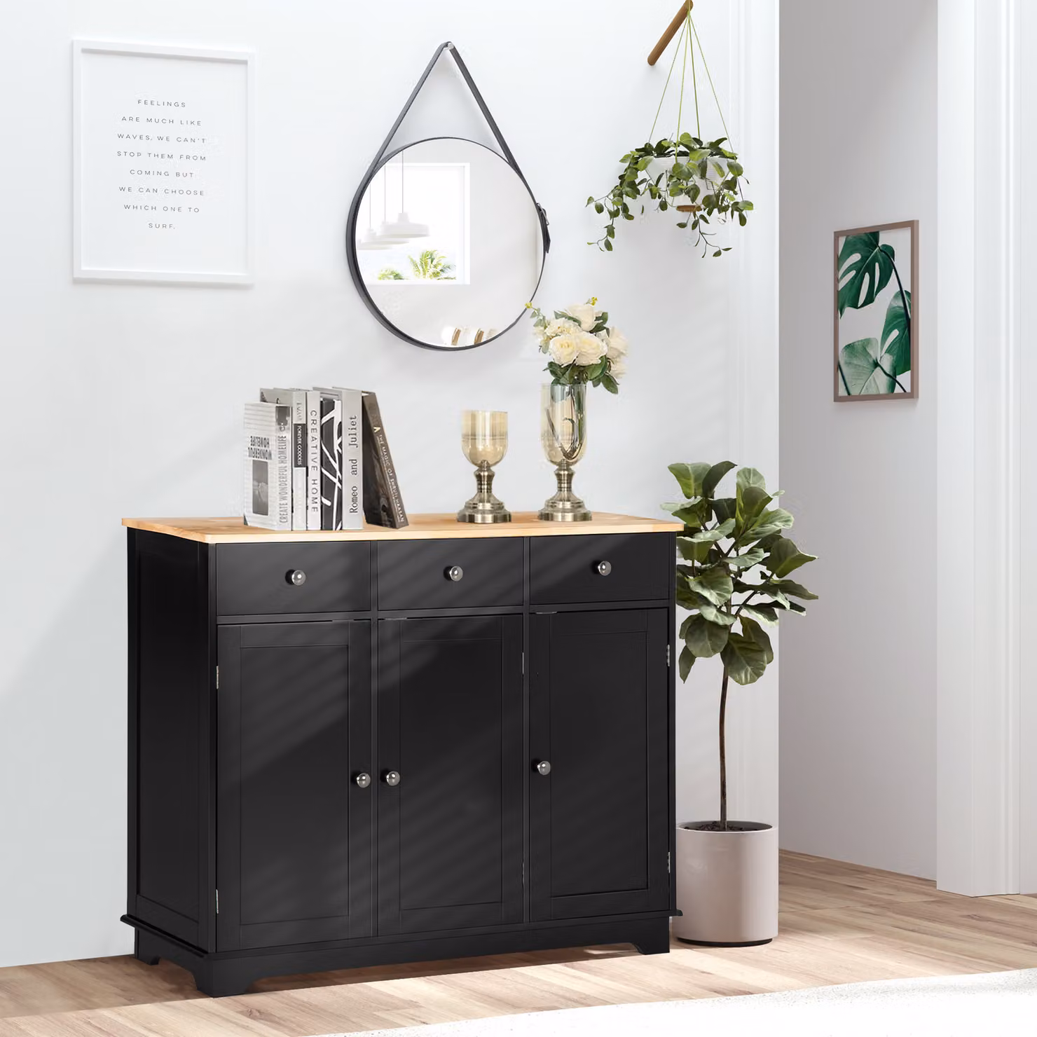 HOMCOM Modern Black Sideboard with Rubberwood Top and Adjustable Shelves – 2