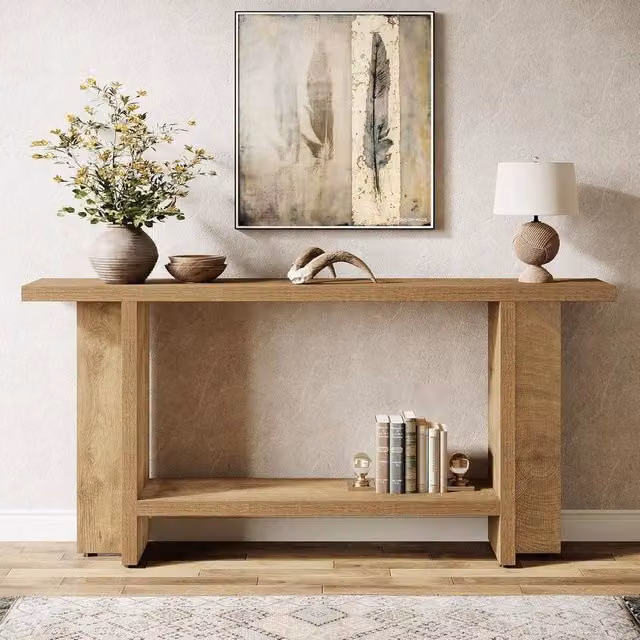VOGREX 2-Tier Narrow Farmhouse Entryway Console Table in Beige, W/D/H: 150 x 30 x 80 cm – 1