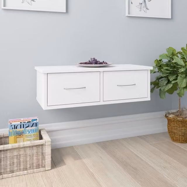 Berkfield Home Wall-mounted Drawer Shelf in White, W: 60 cm, D: 26 cm, H: 18.5 cm