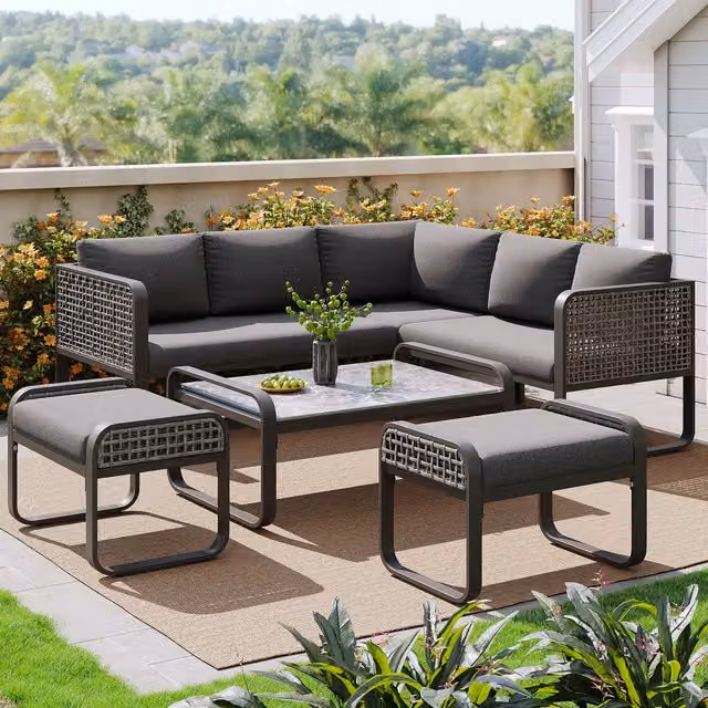 Modern Home Interior Grey Rattan 7 Seater Outdoor Furniture Set with Stools and Coffee Table