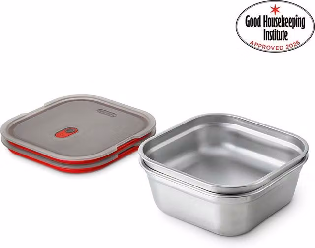 Black + Blum Set of 2 Large Stainless Steel Food Boxes, 1200ml, Grey and Red, Leakproof and Airtight