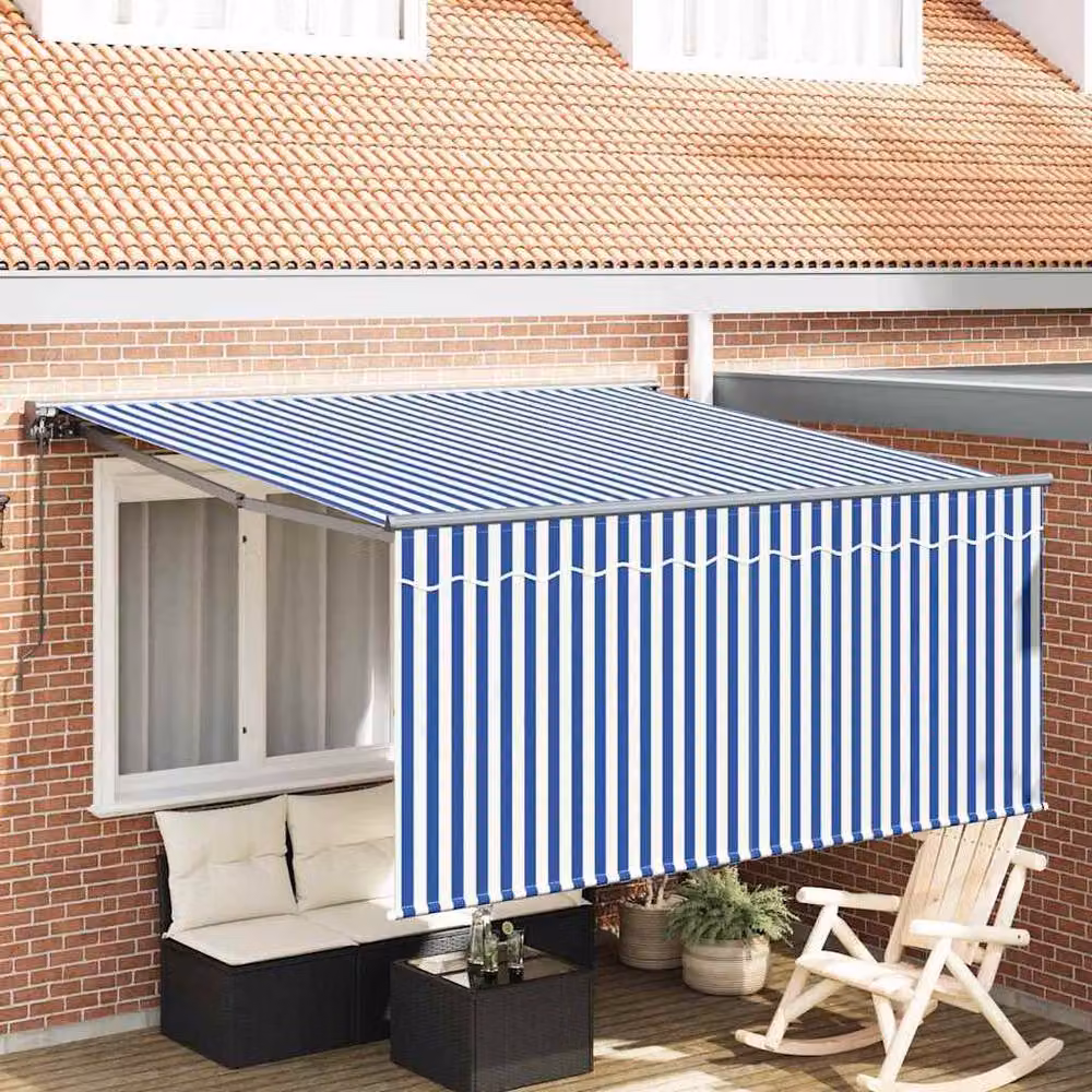 Berkfield Home Manual Retractable Striped Awning in Blue and White, W: 350 cm, D: 250 cm – 2