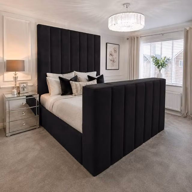 Stratus Interiors Modern Lined Panel Bed with Integrated TV Lift and Divan Ottoman Storage, Black Synthetic Leather, W/D/H: 180 x 200 x 152.4 cm – 1