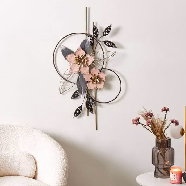 Wyld and Coco Metal Floral Wall Art in Pink and Gold Multicolour – 1