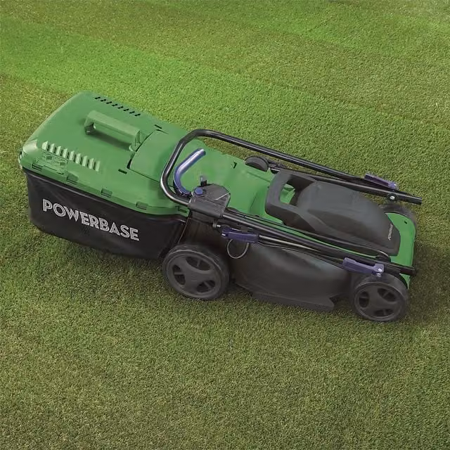 Powerbase Electric Mower with Rear Roller in Green with 37cm Cutting Width, Mulching Kit and Collection Bag