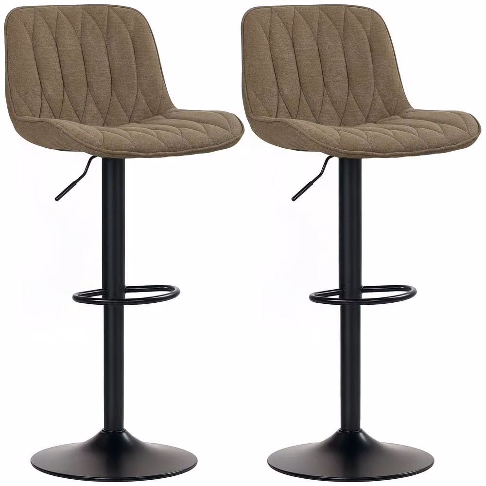 STILVORA Set of 2 Adjustable Height Swivel Bar Stools in Brown Linen Fabric with Metal Base – 4