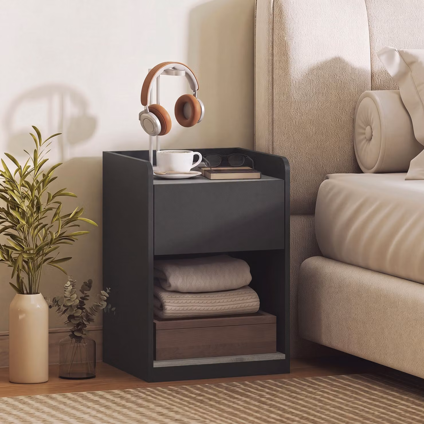 HOMCOM Modern Bedside Table with Drawer and Shelf in Black and Grey Wood Effect, W: 37.0 cm, D: 42.0 cm, H: 55.0 cm – 2