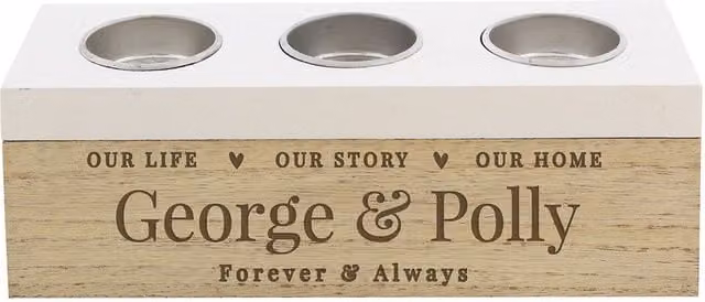 Personalised Memento Company Our Life Story & Home Triple Tea Light Box in Light Brown