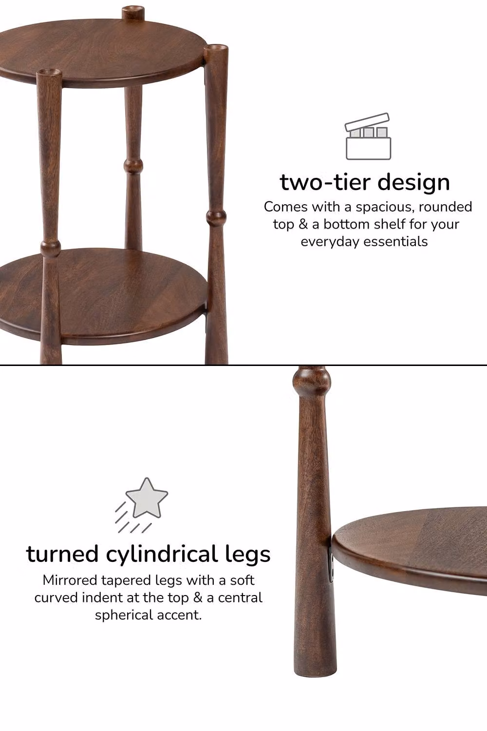 MH London 2-Tier Solid Mango Wood Side Table and Bedside End Table with Shelf, Brown – 3